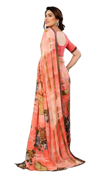 Mayawye Women's Georgette Printed Saree With Unstitched Blouse 5.5Mtr (Orange)