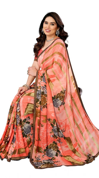 Mayawye Women's Georgette Printed Saree With Unstitched Blouse 5.5Mtr (Orange)