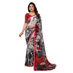 Mayawye Women's Georgette Printed Saree With Unstitched Blouse 5.5Mtr (Red)