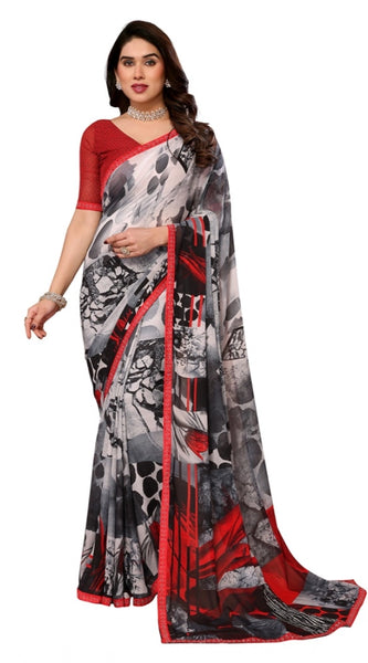 Mayawye Women's Georgette Printed Saree With Unstitched Blouse 5.5Mtr (Red)