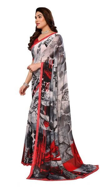 Mayawye Women's Georgette Printed Saree With Unstitched Blouse 5.5Mtr (Red)