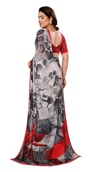 Mayawye Women's Georgette Printed Saree With Unstitched Blouse 5.5Mtr (Red)