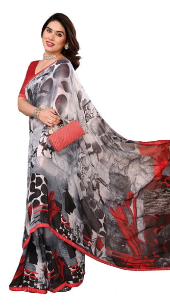 Mayawye Women's Georgette Printed Saree With Unstitched Blouse 5.5Mtr (Red)