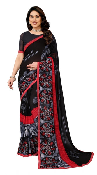 Mayawye Women's Georgette Printed Saree With Unstitched Blouse 5.5Mtr (Black)