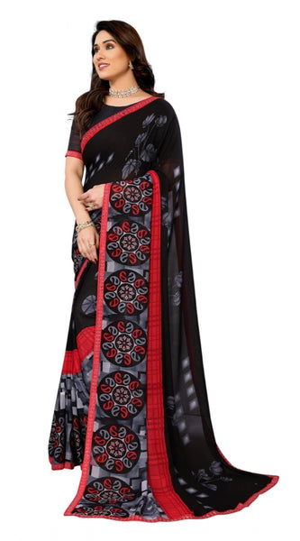Mayawye Women's Georgette Printed Saree With Unstitched Blouse 5.5Mtr (Black)