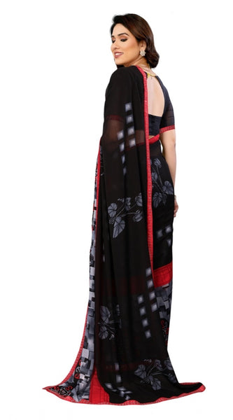 Mayawye Women's Georgette Printed Saree With Unstitched Blouse 5.5Mtr (Black)