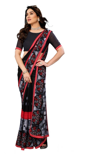 Mayawye Women's Georgette Printed Saree With Unstitched Blouse 5.5Mtr (Black)