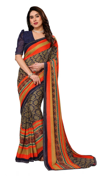 Mayawye Women's Georgette Printed Saree With Unstitched Blouse 5.5Mtr (Orange)