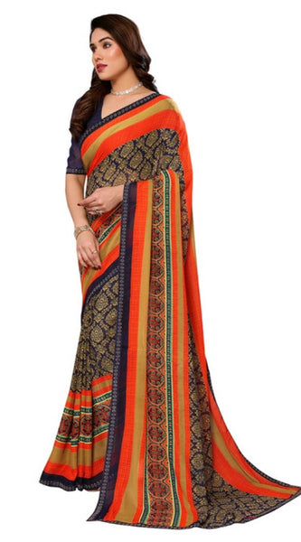 Mayawye Women's Georgette Printed Saree With Unstitched Blouse 5.5Mtr (Orange)