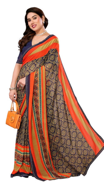 Mayawye Women's Georgette Printed Saree With Unstitched Blouse 5.5Mtr (Orange)