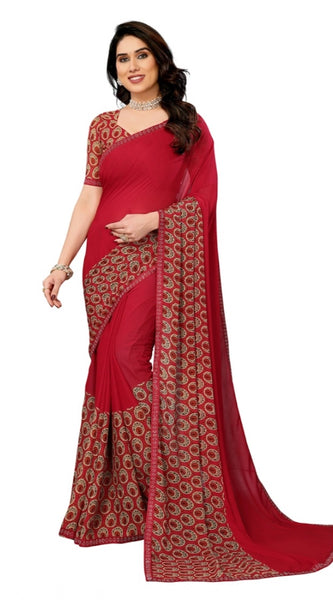 Mayawye Women's Georgette Printed Saree With Unstitched Blouse 5.5Mtr (Red)