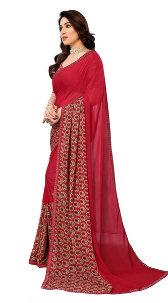 Mayawye Women's Georgette Printed Saree With Unstitched Blouse 5.5Mtr (Red)