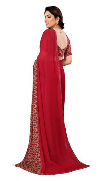 Mayawye Women's Georgette Printed Saree With Unstitched Blouse 5.5Mtr (Red)