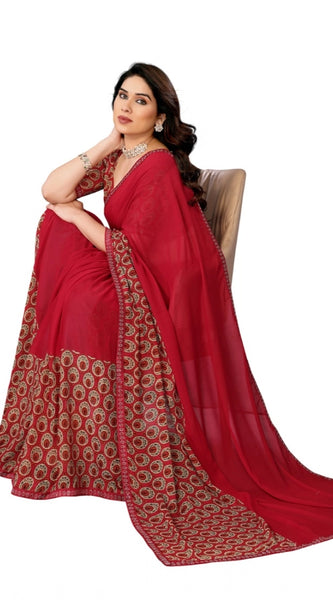 Mayawye Women's Georgette Printed Saree With Unstitched Blouse 5.5Mtr (Red)
