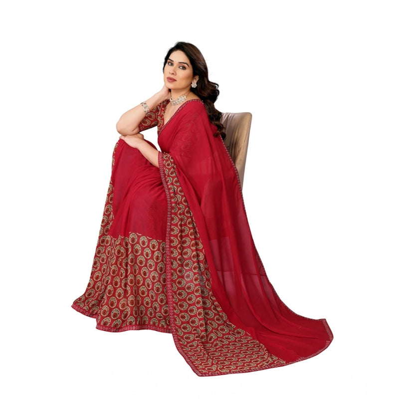 Mayawye Women's Georgette Printed Saree With Unstitched Blouse 5.5Mtr (Red)