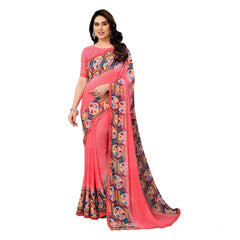 Mayawye Women's Georgette Printed Saree With Unstitched Blouse 5.5Mtr (Pink)