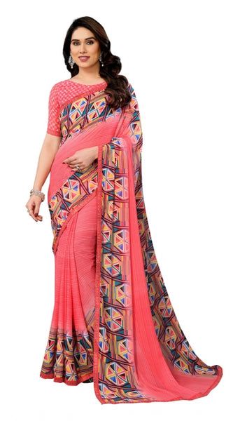 Mayawye Women's Georgette Printed Saree With Unstitched Blouse 5.5Mtr (Pink)