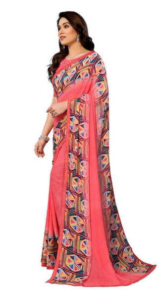 Mayawye Women's Georgette Printed Saree With Unstitched Blouse 5.5Mtr (Pink)