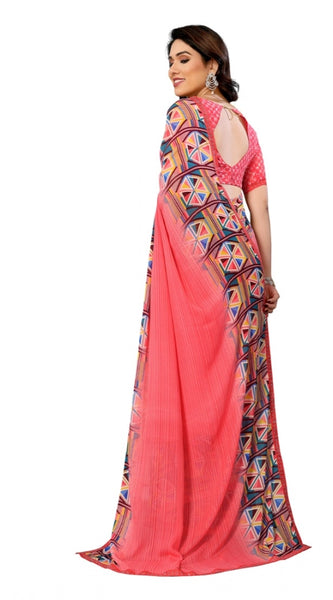 Mayawye Women's Georgette Printed Saree With Unstitched Blouse 5.5Mtr (Pink)