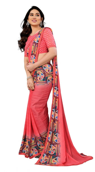 Mayawye Women's Georgette Printed Saree With Unstitched Blouse 5.5Mtr (Pink)