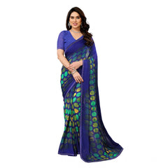 Mayawye Women's Georgette Printed Saree With Unstitched Blouse 5.5Mtr (Blue)