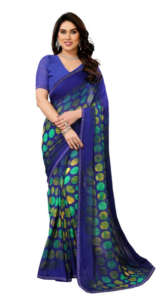 Mayawye Women's Georgette Printed Saree With Unstitched Blouse 5.5Mtr (Blue)