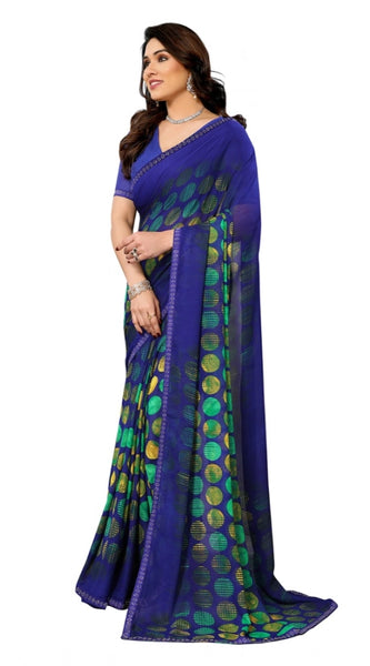 Mayawye Women's Georgette Printed Saree With Unstitched Blouse 5.5Mtr (Blue)