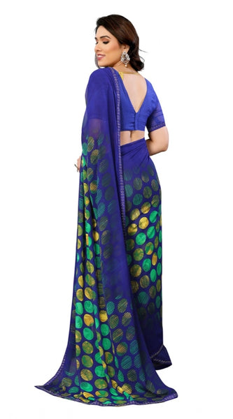 Mayawye Women's Georgette Printed Saree With Unstitched Blouse 5.5Mtr (Blue)
