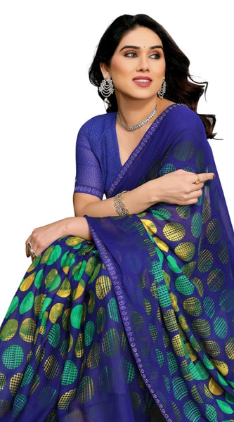 Mayawye Women's Georgette Printed Saree With Unstitched Blouse 5.5Mtr (Blue)