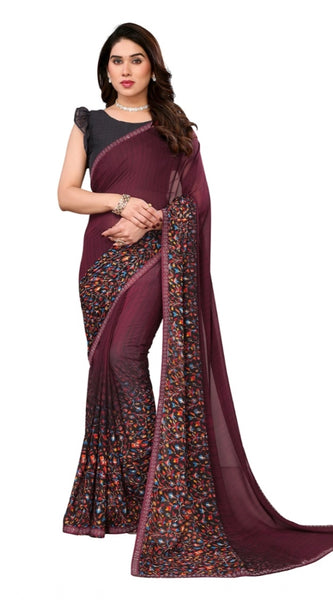 Mayawye Women's Georgette Printed Saree With Unstitched Blouse 5.5Mtr (Maroon)