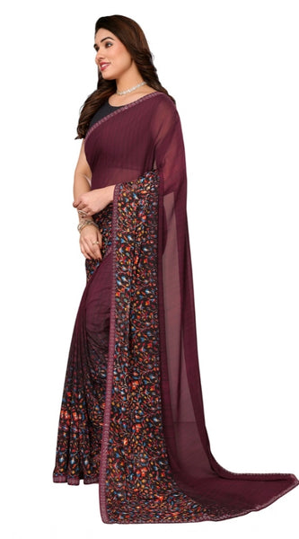 Mayawye Women's Georgette Printed Saree With Unstitched Blouse 5.5Mtr (Maroon)