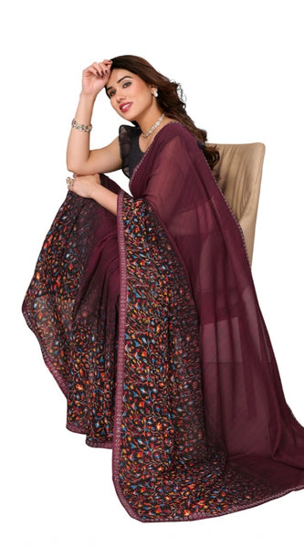 Mayawye Women's Georgette Printed Saree With Unstitched Blouse 5.5Mtr (Maroon)