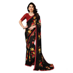 Mayawye Women's Georgette Printed Saree With Unstitched Blouse 5.5Mtr (Black)