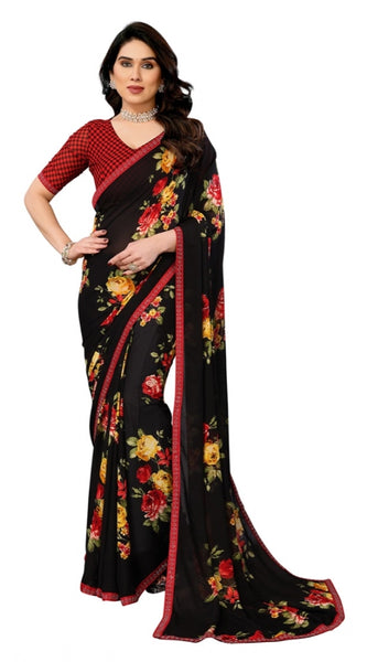 Mayawye Women's Georgette Printed Saree With Unstitched Blouse 5.5Mtr (Black)