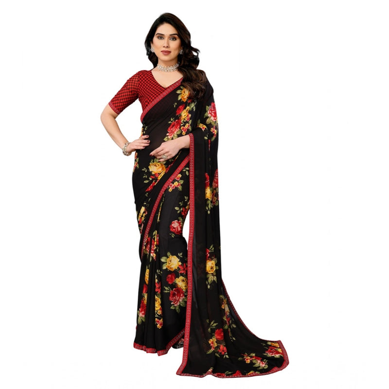 Mayawye Women's Georgette Printed Saree With Unstitched Blouse 5.5Mtr (Black)