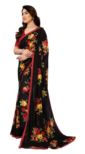 Mayawye Women's Georgette Printed Saree With Unstitched Blouse 5.5Mtr (Black)