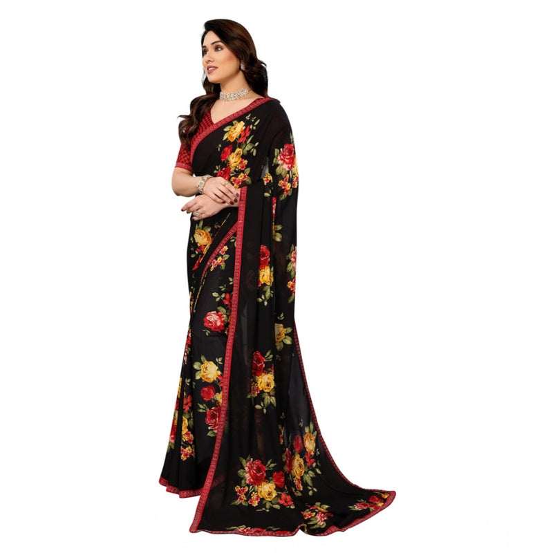Mayawye Women's Georgette Printed Saree With Unstitched Blouse 5.5Mtr (Black)