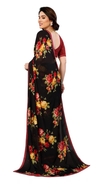 Mayawye Women's Georgette Printed Saree With Unstitched Blouse 5.5Mtr (Black)