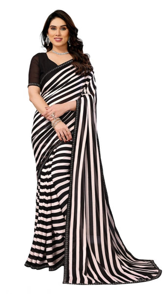 Mayawye Women's Georgette Printed Saree With Unstitched Blouse 5.5Mtr (Black)