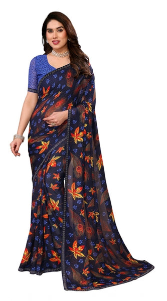Mayawye Women's Georgette Printed Saree With Unstitched Blouse 5.5Mtr (Blue)