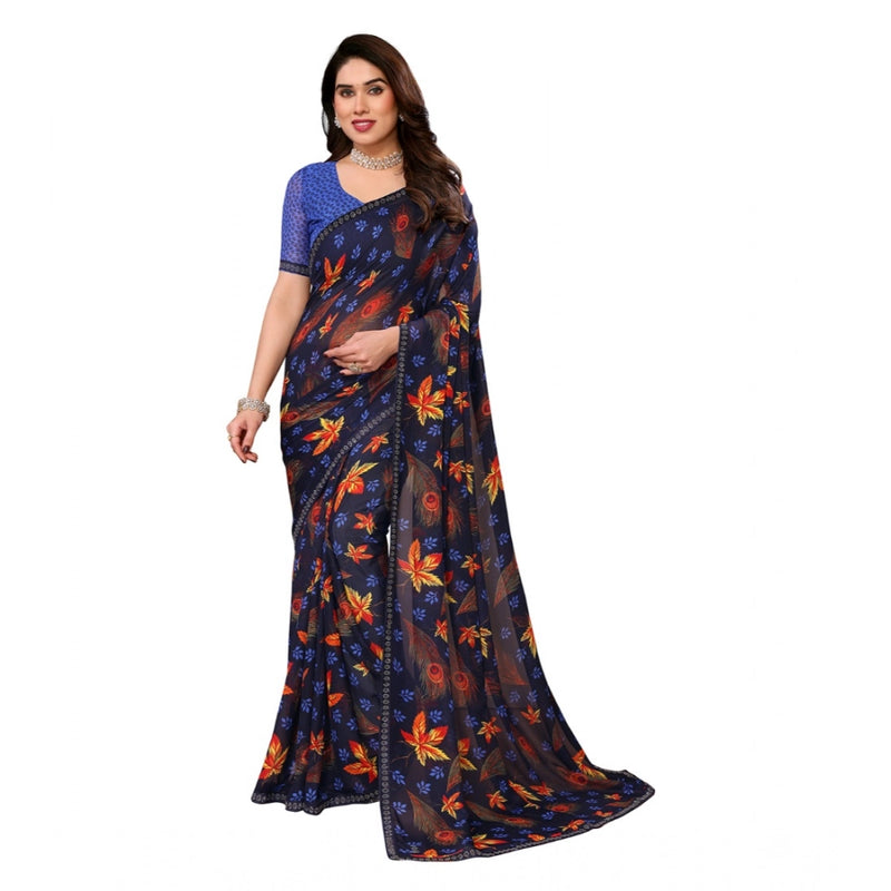 Mayawye Women's Georgette Printed Saree With Unstitched Blouse 5.5Mtr (Blue)