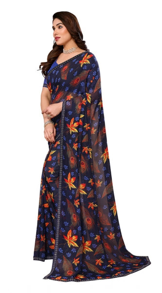 Mayawye Women's Georgette Printed Saree With Unstitched Blouse 5.5Mtr (Blue)