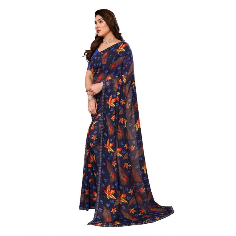 Mayawye Women's Georgette Printed Saree With Unstitched Blouse 5.5Mtr (Blue)
