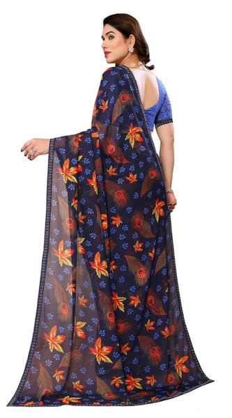 Mayawye Women's Georgette Printed Saree With Unstitched Blouse 5.5Mtr (Blue)