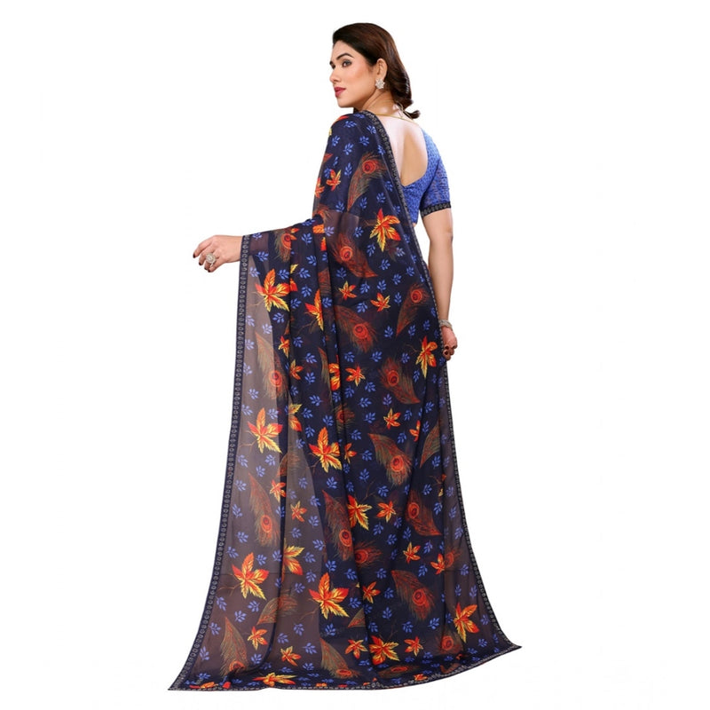 Mayawye Women's Georgette Printed Saree With Unstitched Blouse 5.5Mtr (Blue)