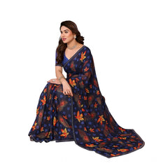 Mayawye Women's Georgette Printed Saree With Unstitched Blouse 5.5Mtr (Blue)