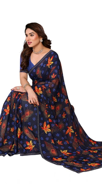 Mayawye Women's Georgette Printed Saree With Unstitched Blouse 5.5Mtr (Blue)