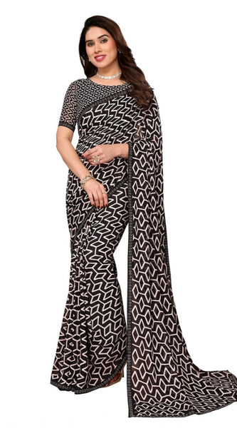 Mayawye Women's Georgette Printed Saree With Unstitched Blouse 5.5Mtr (Black)
