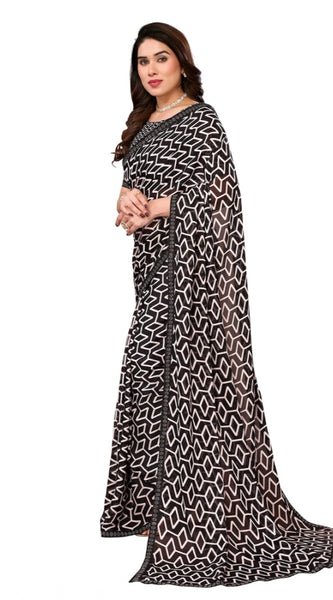 Mayawye Women's Georgette Printed Saree With Unstitched Blouse 5.5Mtr (Black)