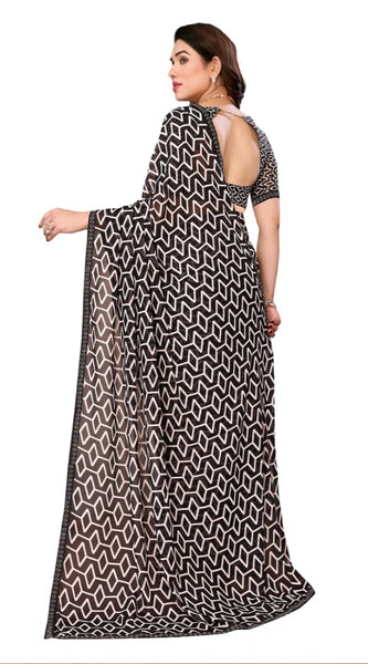 Mayawye Women's Georgette Printed Saree With Unstitched Blouse 5.5Mtr (Black)